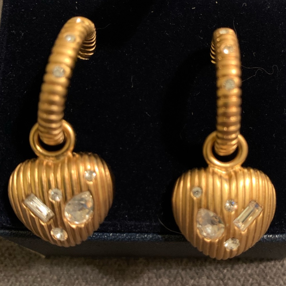 2/$15 Goldtone Heart and crystal dangle hoops